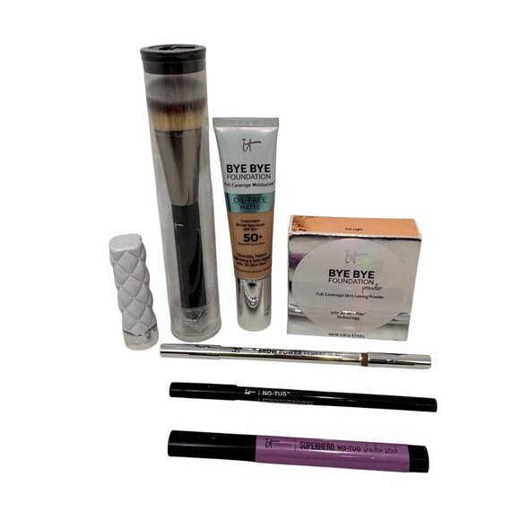 NEW It Cosmetics Brushes Bye Bye Foundation SPF 50 Powder Brow Eyeliner Superher - Picture 1 of 14